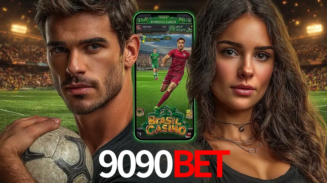 Homem segurando uma bola de futebol e uma mulher ao lado de um smartphone exibindo o jogo de apostas esportivas da 9090bet. Faça seu palpite no cassino online.